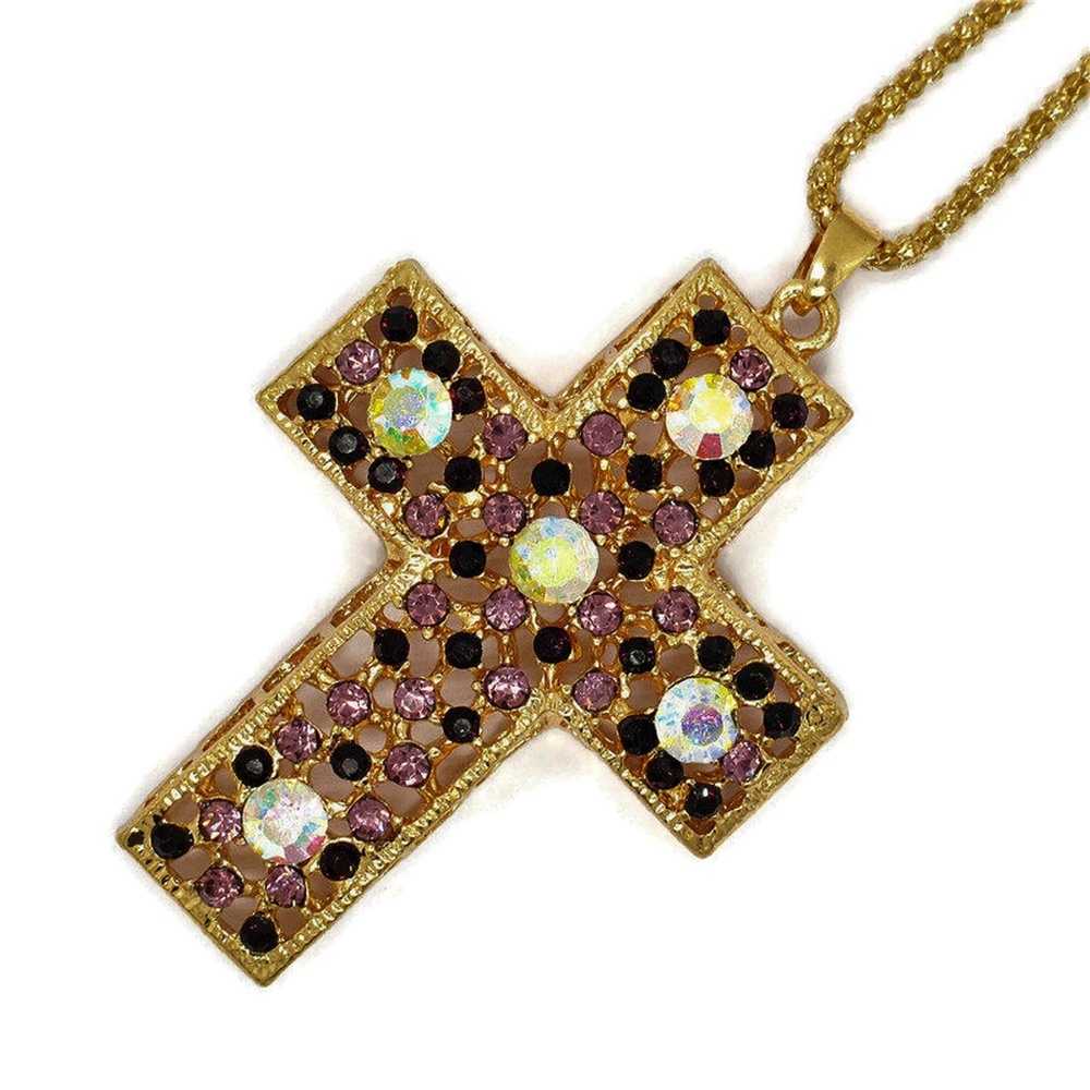 Purple & AB Rhinestone Cross Pendant NWT - Picture 3 of 4